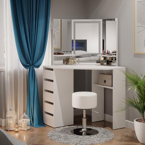 Vicco tavolo da trucco ad angolo Arielle, Bianco, 111 cm con specchio e sgabello a LED