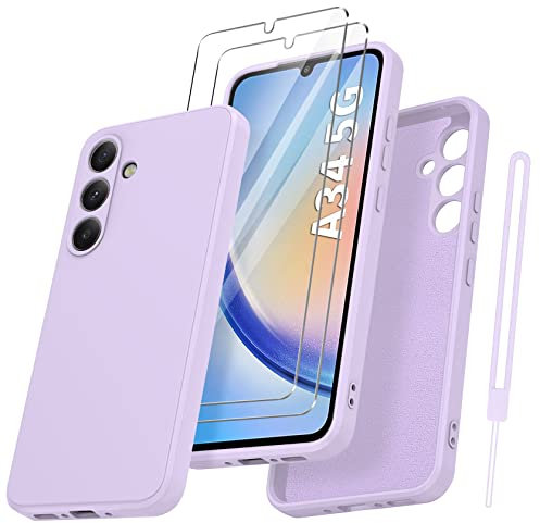 Qasyfanc Cover Protezione Fotocamera per Samsung Galaxy A34 5G con 2 Pezzi Vetro Temperato, Custodia Samsung A34 5G Silicone Morbida, Antiurto, Sottile, Viola