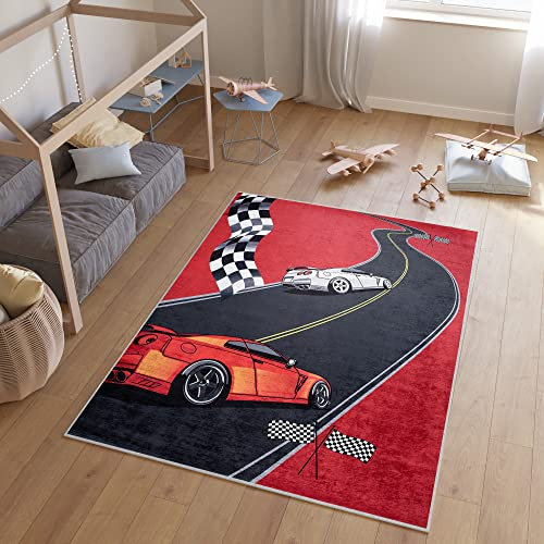 TAPISO Emma Teppich Waschbar bei 30 Grad Rot Schwarz Autos Rennen bedruckter Kinderteppich Antirutsch Kinderzimmer Jugendzimmer Modern ÖKO-TEX 160 x 230 cm
