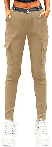 Nuofengkudu Stretch Pantalon Cargo Femme Taille Elastique avec Poche Laterale Uni Slim Gothique Travail Leggings Classique Chic Taille Haute Fille School Streetwear Vintage Aesthetic Clothes Kaki M