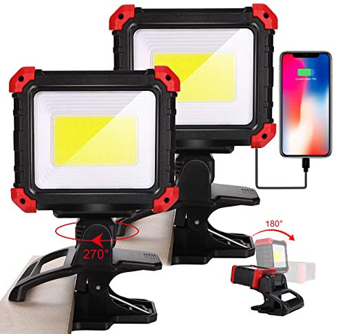 EASYMAXX LED Rechargeable Work Light with Clamp, 2100LM COB Magnetic Clip on Worklight 270° Rotating with Mobile Charger, Portable Clamp Work Light for Boats, Car Repairing, Job Site Lighting(2pack)