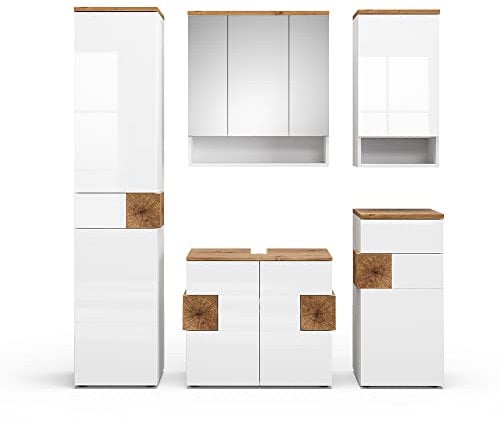 Vicco Set di mobili da bagno Eden, Bianco lucido/Rovere artigianale, 5 parti
