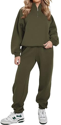 REORIA Tuta Da Donna In Cotone Per Il Tempo Libero Tuta Da Jogging Set Tute Con Mezza Zip Verde L