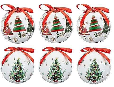 MIJOMA 6er Set Christbaumkugel Nostalgie - Ø 6cm, Verziert mit elegantem rotem Hängeband, Bruchsicherer Kunststoff mit leichtem Styroporkern, Perfekt für Innenraumdekoration (Tannenbaum-Design)