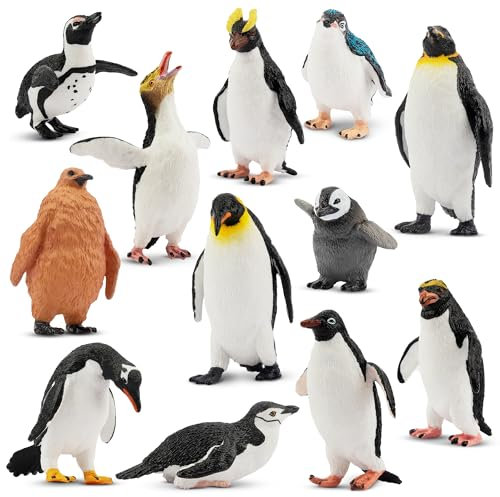 toymany 12PCS Realistic Penguin Figurines, Plastic Polar Arctic Animal Figures Antarctic Set with Different Varieties of Penguin, Easter Eggs Cake Toppers Christmas Birthday Gift for Kids