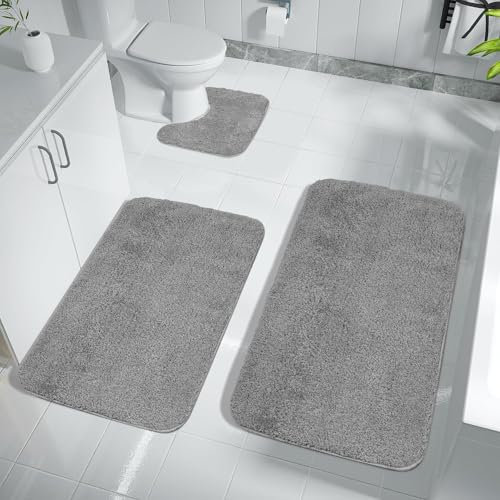 Achiiso Bathroom Mat Sets 3 Piece,Non Slip Toilet Mat Set, Super Absorbent Bath Mats,Microfiber Bathroom Mats Non Slip Washable(Grey,U40x50cm +50x60cm+50x80cm)