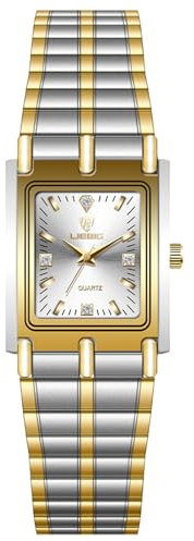 JewelryWe Uhren Damen Edelstahl Rechteckig: Luxus 30 Wasserdicht Analog Quarz Armbanduhr Edelstahl Armband Geschäft Lässige Uhr mit Strass Rechteck Zifferblatt Geschenk für Frauen Gold/Silber