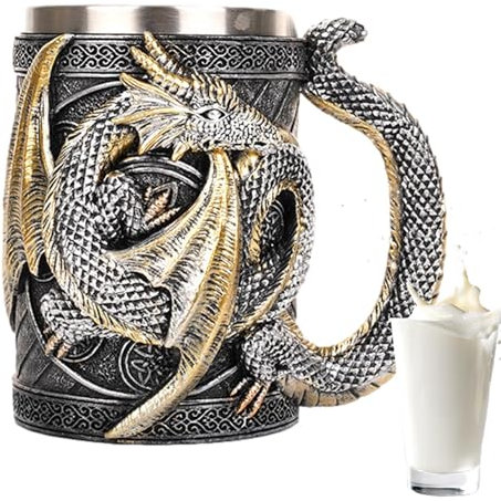 Jarra de cerveza medieval de dragón, jarra de cerveza de acero inoxidable, 568 ml, medieval retro dragón cerveza jarra de resina de resina, taza de café de acero inoxidable tazas de regalo para