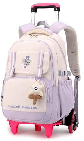 Tanou Rucksack mit 6 Rollen, Robuster Kinder Schulranzen mit Rollen für Mädchen, Abnehmbare Trolley Schulrucksack mit Anhänger für die Schule Reise, 16 Zoll, 1-5.Klasse, Lila