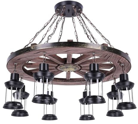 TIBU Hängeleuchte aus Holz Vintage Lampe Wagenrad Wohnzimmer E27 höhenverstellbar 8 flammig