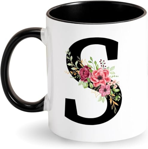 Tarklanda Iniziale Tazza da caffè Tazza con Lettere Floreale Tazze Colazione Porcellana Nero Tazza per Donne Fidanzata Regali Personalizzata Regalo per Natale, Compleanno, Festa della Mamma (S)