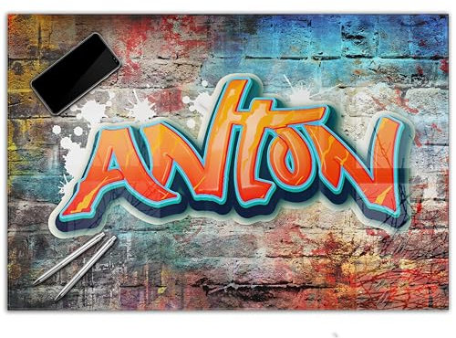 Gamer Schreibtischunterlage personalisiert mit Namen | wasserfeste Schreibunterlage, abwischbar, hochwertiges Acrylglas, gaming Motiv Teenager Kunststoff | 80x60cm Graffiti orange