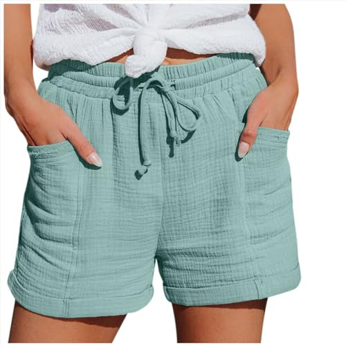 MJIQING Shorts Damen Sommer Leinen Musselin Kurze Hose Beach Shorts Mit Taschen Mode Lässige Stoffhose Freizeit Shorts hoher Taille Stretch Gerades Bein Sport Shorts mit Kordelzug Leinenhose