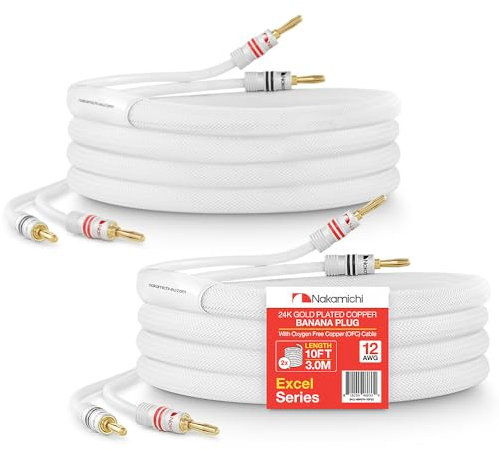 Nakamichi Excel Series 24k Gold Plated Banana Plug with (10 Feet) Speaker Cable Wire 99.9% Oxygen-Free Copper (OFC) Heavy Duty Braided In-Wall CL2 Rated - White (12AWG / 10ft / 3.0m) 2-Pack