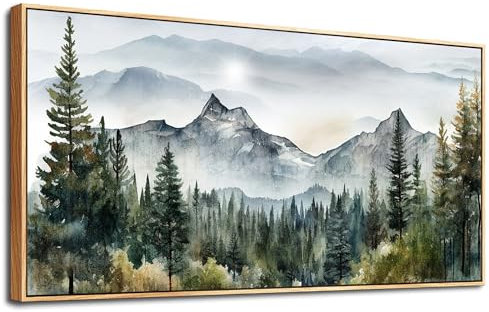 MHARTK66 Aquarell Wald Bilder Mit Rahmen Holz, Natur Landschaft Leinwand Bilde Aesthetic, 50x100 cm Groß Wandbilder Wohnzimmer, Modern Wanddeko Kunstdruck Schlafzimmer Esszimmer Büro Küche