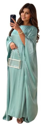 Women Satin Abaya Dress Islam Muslim Summer Batwing Sleeve Maxi Dress Kaftan Robe Ramadan Clothes Green