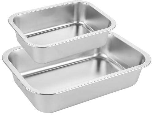 CYEER 2er Set Auflaufform Edelstahl 7cm Extra Tief – Rechteckige Backform & Bratenform (32x22cm & 27x20cm) – Rostfreie Lasagneform ohne Beschichtung – Ideal für Ofengemüse, Braten & Kuchen