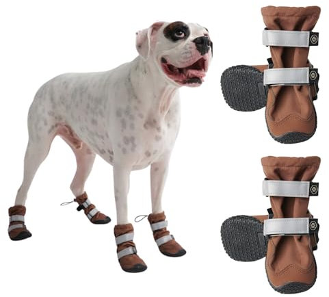 Spark Paws Wasserabweisende Hundeschuhe für mittelgroße und große Hunde, rutschfeste reflektierende Hundestiefel für Regen, Schnee, Wandern, 4er-Set - Brown, D