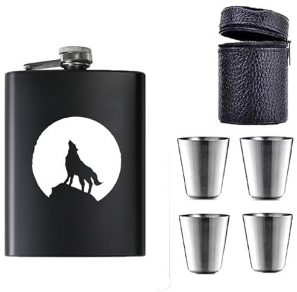 Zixrmor 1 flasque et entonnoir 304, 4 petites tasses, 227 ml, flasque avec gravure, convient pour le port d'alcool en acier inoxydable, motif de loup