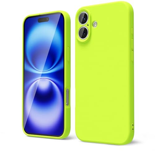 oakxco for iPhone 16 Case Liquid Silicone, Fluorescent Bright Solid Color, Soft Rubber Gel Elegant Aesthetic Cover, Slim TPU Matte Plain Smooth Case for Women Girl Cute, Neon Green