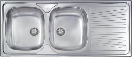 Lavello cucina Monica acciaio inox 116 x 50 cm 2 vasche stampate e gocciolatoio Made in Italy