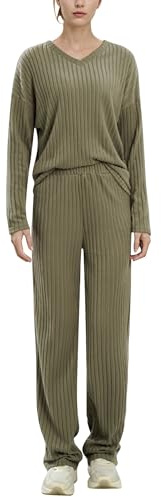 EFOGEP Damen Pyjama Sets 2PCS Langarm Rippenstrick Schlafanzug oberteil Loungewear Pullover weite Yoga Hosen Pjs Baumwolle Sleepwear Homewear Herbst Winter Warme Kleidung mit Taschen