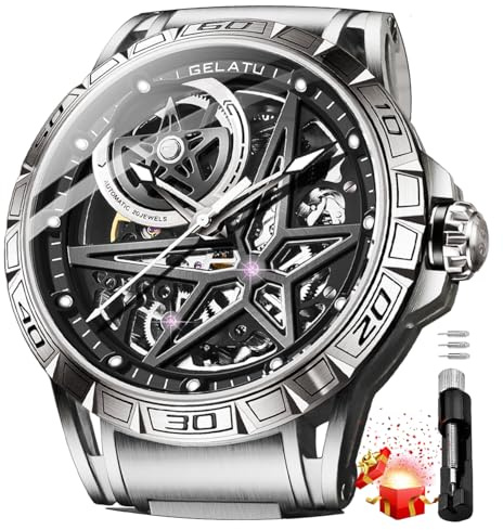 OLEVS Mens Automatic Watches Silver Skeleton Binary Star Galaxy Self Winding Mechanical Original Wrist Watch for Men