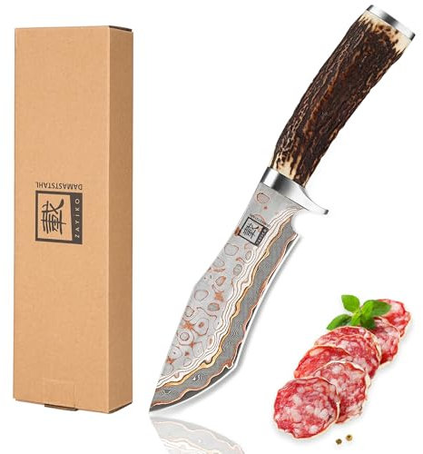 zayiko WildForge Jagdmesser mit 15 cm Klinge aus 67 Lagen Kupfer-Bronze-Damaststahl und edlem Hirschhorngriff I Handgefertigtes Outdoor Messer mit Lederscheide I Premium Jagd- und Küchenmesser