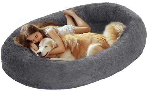 PawHut Hundebett 175 cm Flauschig Hundebett für Menschen Waschbar Hundekissen Orthopädisch Haustierbett mit Haltegriff, Plüsch, Dunkelgrau
