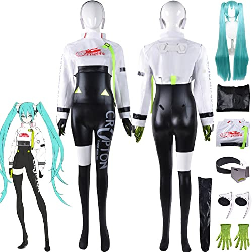 bbganlian Anime Hatsune Miku Cosplay Kostüm Outfit Rollenspiel Uniform Komplettes Set Halloween Party Karneval Dress Up Anzug mit Overall Perücke Kopfschmuck Kopfhörer für Frauen (XXXL)
