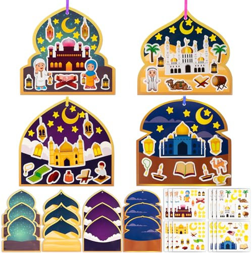 Kit de Bricolage de Eid Mubarak 12pcs Autocollants Ramadan Pochoir et 12feuilles Stickers Auto-adhésif avec 12pcs Rubans Colorés DIY Décoration Suspendue Verre Fenêtre Maison pour Eid al-Fitr Fête