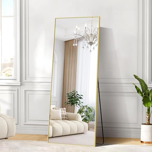 Wolibeer Specchio a Figura Intera Grande 165 x 60 cm, Specchio a Figura Intera con Cornice in Alluminio Dorato Specchio da Parete Rettangolare Specchio da Terra per Camera da Letto Salotto Spogliatoio