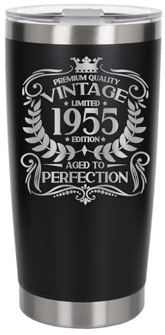 Always Looking Good 70th Birthday Gift Vintage 1955 Aged to Perfection Engraved Insulated Travel Mug Present for 70 Year Old Black Thermal Coffee Flask Travel Mugs with Lids