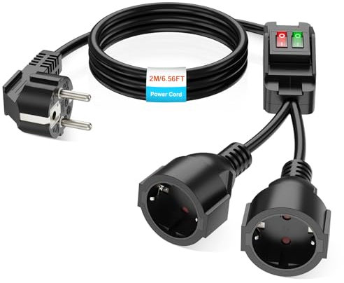 2M Verlängerungskabel Außen mit 2 Schuko-Steckdosen, Outdoor Verlängerungskabel mit Schalter, Doppel-Verlängerung für Den Außenbereich, Garten, Büro, 16A/250V, Schwarz