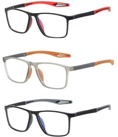 3 Pack Reading Glasses for Men, TR90 Sports Blue Light Blocking Computer Readers Anti UV Eyestrain Glare 1.5 Reading Glasses Women Square, Lightweight Flexible (Red,orange,gray, 1.5, Dioptres)