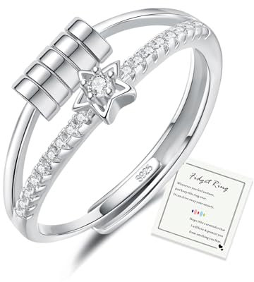 HEEYA Anxiety Ring Stern für Damen Silber 925 Angstring mit 5A Zirkonia Offen Verstellbar Anti Stress Ring mit Perlen Spinner Fidget Ringe Frauen Hypoallergen Stimmungsring gegen Stress