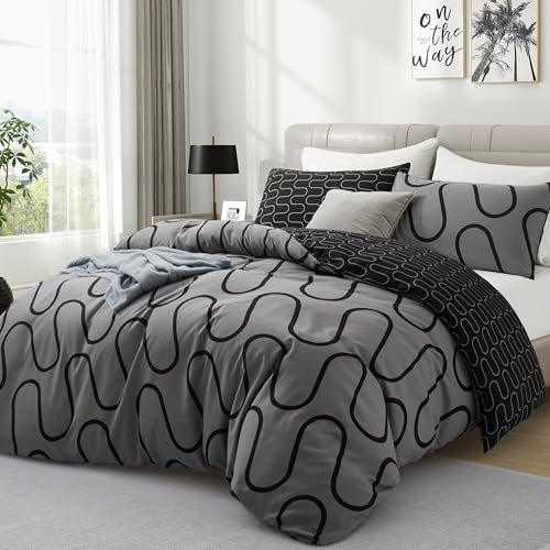 Hafaa King Size Duvet Cover Sets Soft Printed Bedding Set Brushed Microfiber Duvet Covers with Pillowcases (Black and Grey Wave 230x220 CM)