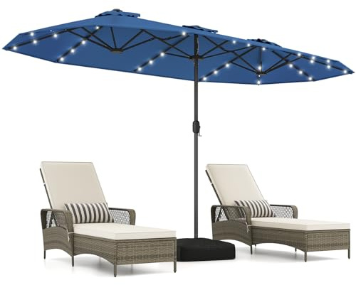 COSTWAY Parasol de Jardin Exterieur avec Pied 4 x 2 m avec LED, Bleu Marine | Parasol Double Rectangulaire avec Manivelle, 2 Sacs de Sable, 8 Personnes, Protection Solaire, pour Terrasse, Patio