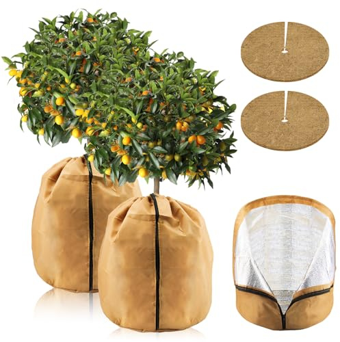 ZYNERY 2 Stück Thermo Topfschutz für Pflanzen, 45 * 50cm Topfpflanzen Schutzbeutel mit 2 Pflanzenschutz Winter Kokosscheibe Nachhaltig Pflanzenschutz Winterschutz für Kübelpflanzen (A)