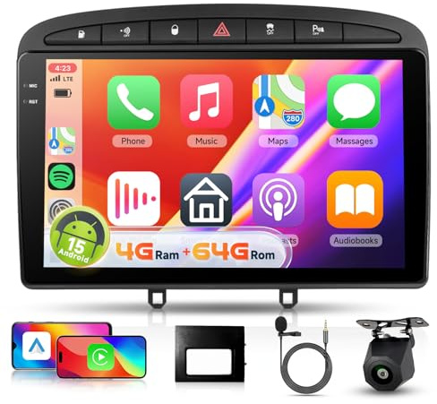 【4+64G】Hodozzy Carplay Autoradio per Peugeot 308/408 2007-2015, 9 Pollici Schermo In-Cell Stereo Auto Bluetooth 5.0 con Android Auto/EQ/GPS/Wifi/RDS/USB/SWC+Telecamera Posteriore