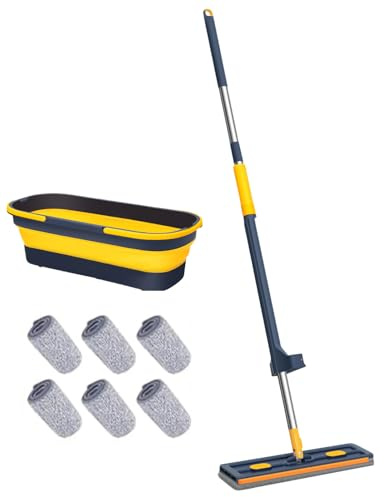 Wischmopp Set Flachmopp Mit Eimer, 2 In 1 Bodenwischer Mit Einstellbar Edelstahlgriff Und 6 Mikrofaser Pads, Hand-Frei Wischmop & Putzeimer Mit Auswringfunktion Für Hartholz Laminat Fliesen
