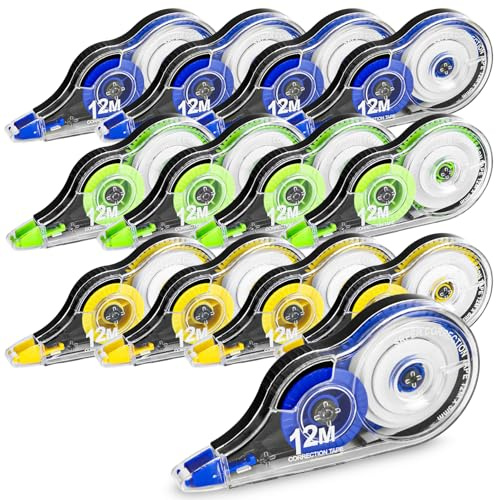 Mixara 12 stycken korrigeringsrullar, musset, 12 m x 5 mm korrigeringsband med skyddskåpa, Tippex-rulle i 3 färger (gul, blå, grön) för elever, kontor, skola och hem