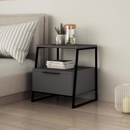 FWStyle Grey 1 Door Bedside Table Nightstand with Open Shelf – Modern Bedside Cabinet with Black Metal Frame & Storage Compartment – Small Night Stand for Bedrooms & Living Rooms