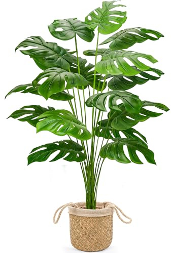 Der Rose 44 Tall Fake Plants, Artificial Tree in Straight Woven Basket | Faux outdoor plants add tall greenery and clean woven lines, easy to reposition for farmhouse office, hallway and porch decor