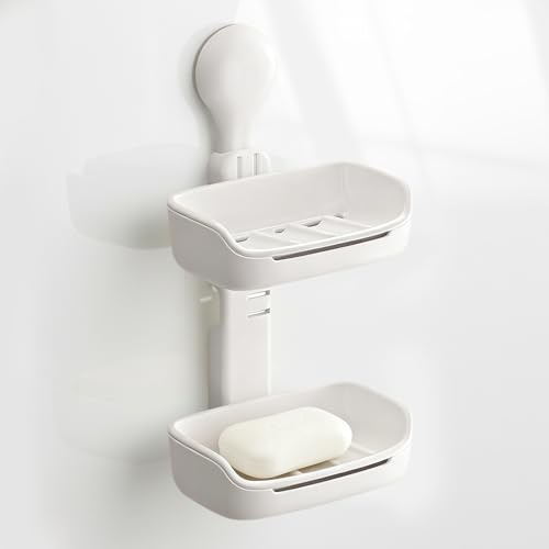 PAVSTINE Seifenschale ohne Bohren mit Ablauf, Seifenhalter Dusche mit Saugnapf, Seifenablage, Soap Holder Wandmontage, Seifenschalen für Badezimmer und Küchenspüle, 2 Installationsmethoden, Weiß