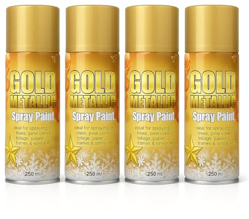 Lizzy 4 Pack Gold Metallic Spray Paint 250ml | Premium High-Shine Finish All-Purpose Interior & Exterior Spray Paint for Christmas Trees, Pine Cones, Foliage, Paper Crafts & DIY Home Décor Projects