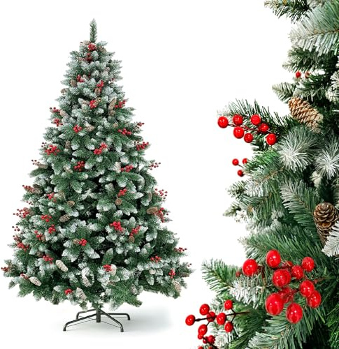 YOUDENOVA Premium Tannenbaum Künstlich mit Schnee Künstlicher Weihnachtsbaum 210cm Christbaum mit Ilex Tannenzapfen Schneebaum Kunst Weihnachtsbaum