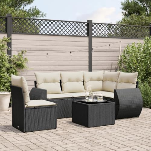 YuuSsea 6-TLG. Garten-Sofagarnitur Schwarz, Poly Rattan Lounge Set mit Tisch, Glasplatte, bequemen Kissen, UV-beständig, für Terrasse, Balkon