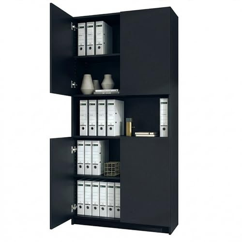 InnoFurn Aktenschrank Elona M2, Büroschrank mit Soft-Close & Push-to-Open, Aufbewahrungschrank, Büro, Home Office. Wohnzimer, Schwarz matt (82 x 184 x 37 cm)