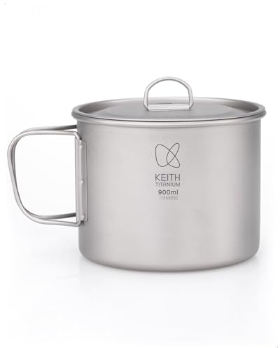 Keith Titanium Camping Pot 900ml with Lid and Folding Handle, Ultralight Portable Water Cup Mug,Titanium Camping Cookware - for Camping, Hiking, Backpacking(Ti3209)